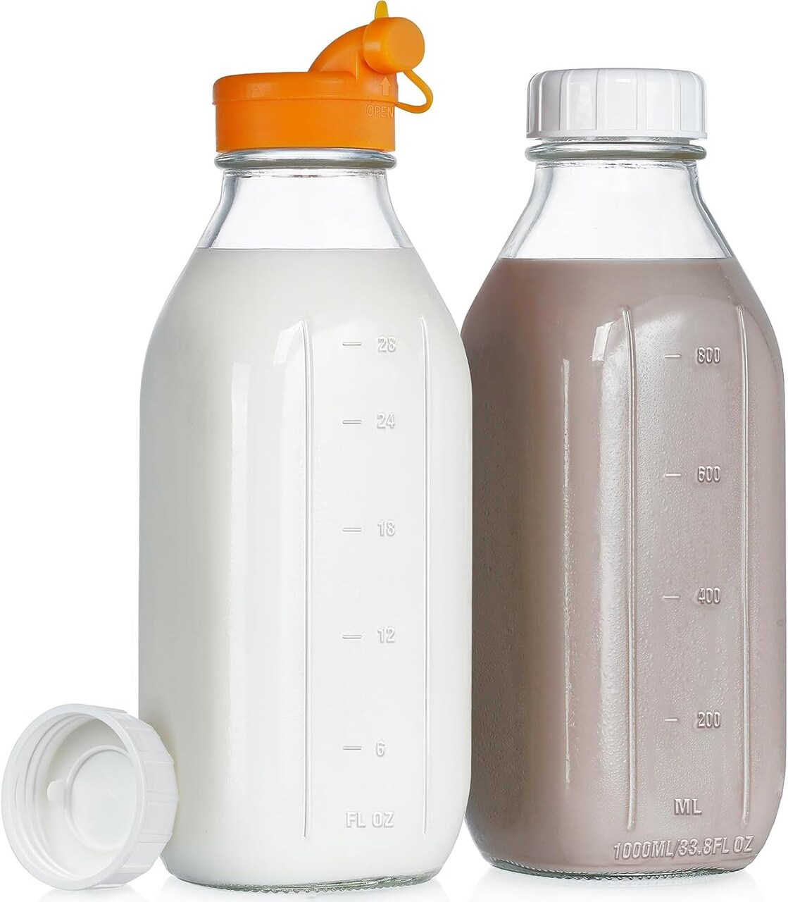 32 oz Reusable Glass Milk Bottles with Silicone Dispenser Cap, 2 Pack Glass Jars with Airtight Screw Lid, Leak Proof Glass Juice Bottles with Scale Mark for Fridge